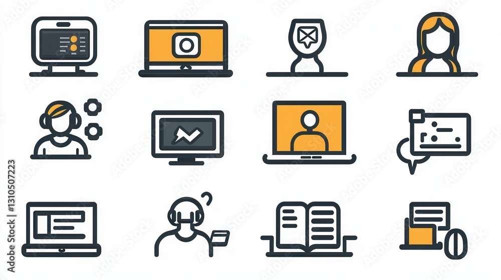 Poster comprehensive set of outline icons featuring various digital interface and technology related elemen