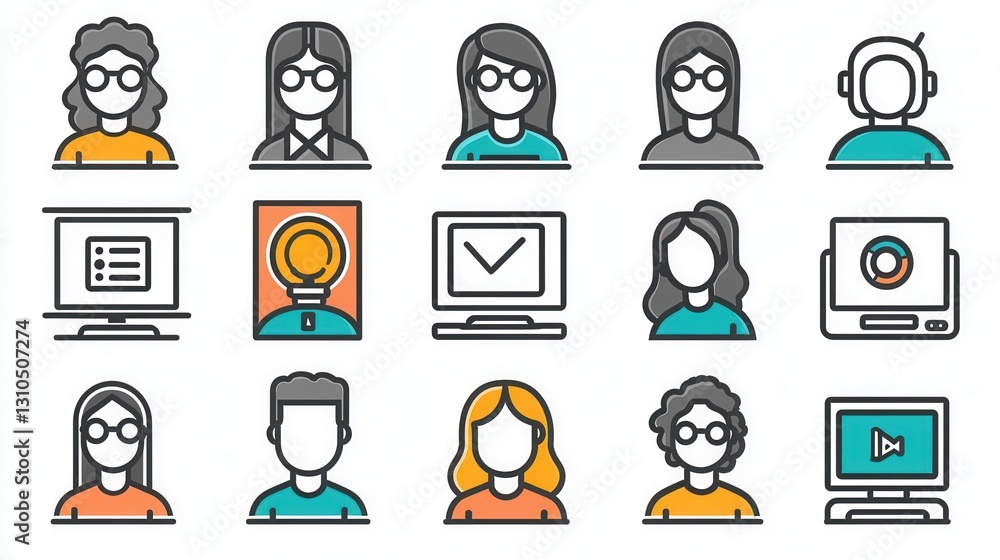 Poster comprehensive collection of 15 distinct outline icons showcasing a diverse range of user avatars pro