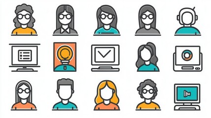 Comprehensive collection of 15 distinct outline icons showcasing a diverse range of user avatars profile characters and human like symbols in a minimalist modern and flat design style