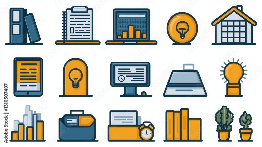 Poster comprehensive set of professional corporate outline icons representing essential business and techno