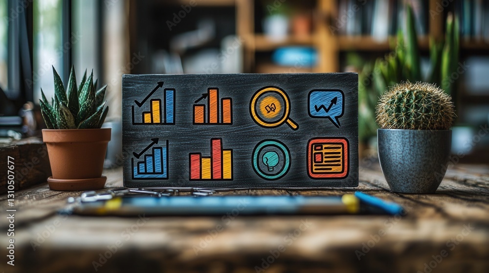 Poster professional workspace with a desk computer and a display showing various digital analytics and data
