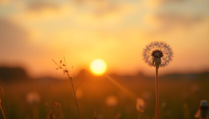 Dreamy Dandelion Field at Sunset with Flying Seeds