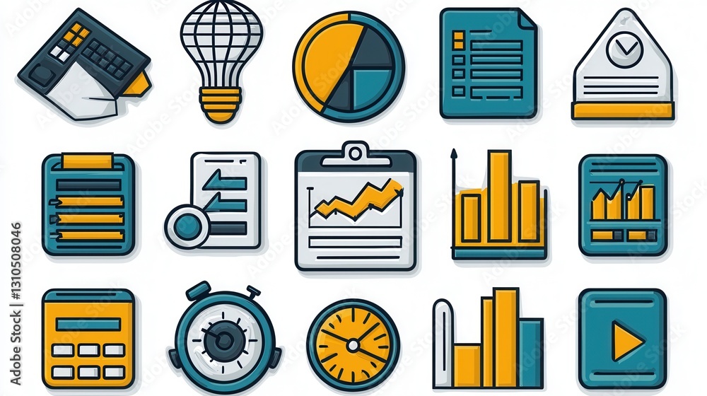 Poster professional set of 15 outline icons representing various business analytics data visualization and 