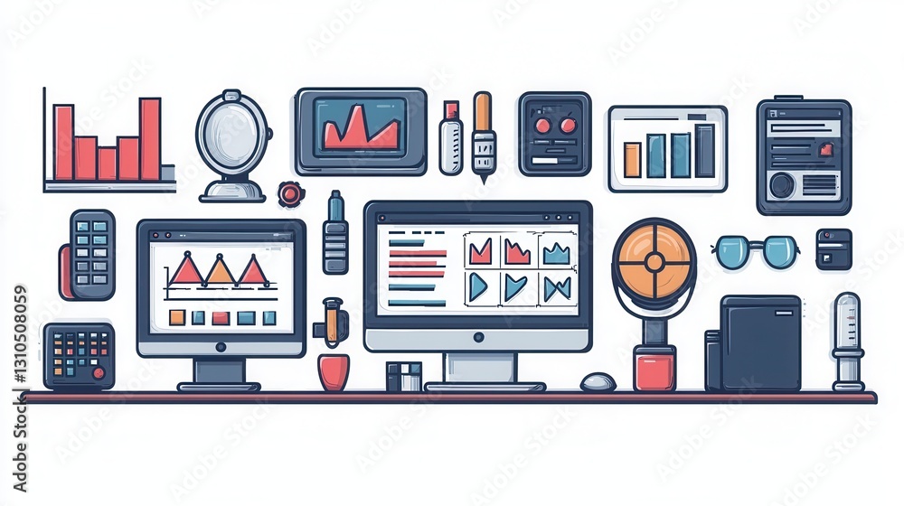 Poster comprehensive set of outline icons depicting various business analytics and data visualization tools