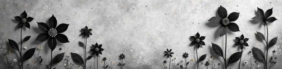 Whimsical black florals on textured gray background, abstract floral , minimalist design, texture pattern