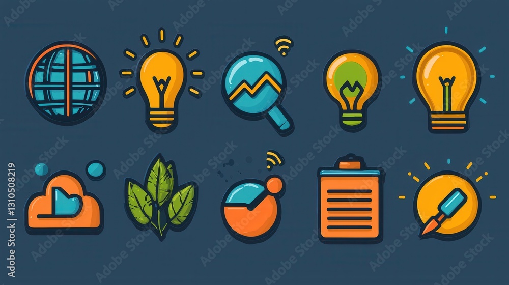 Poster a comprehensive set of 15 outline icons that visually represent various business technology and inno