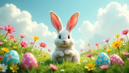 Whimsical Easter bunny ears amidst colorful meadow flowers and eggs, flowers, whimsy, easter