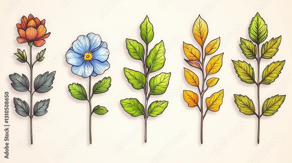 Poster elegant set of 15 minimal botanical outline icons featuring various floral elements leaves branches 