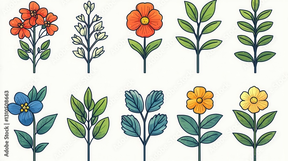 Poster comprehensive set of 15 minimalist botanical outline icons showcasing a diverse array of floral elem
