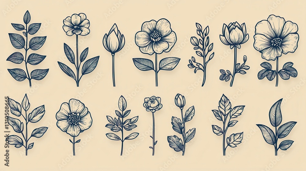 Poster a set of 15 minimal botanical outline icons featuring a collection of elegant floral and leaf elemen