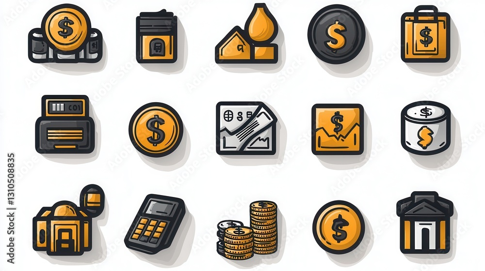 Poster a comprehensive set of 15 outline icons representing diverse financial and banking concepts includin
