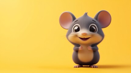 Fototapeta premium A cute cartoon mouse poses on a bright yellow background