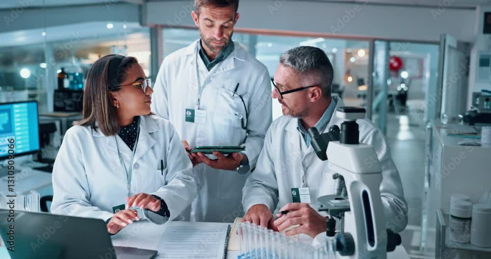 Poster people, scientist and talking on tablet for research, experiment results and medical report. staff, 