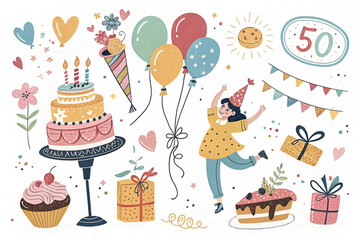 Festive 50th birthday celebration with cake, balloons, gifts, and a joyful person.