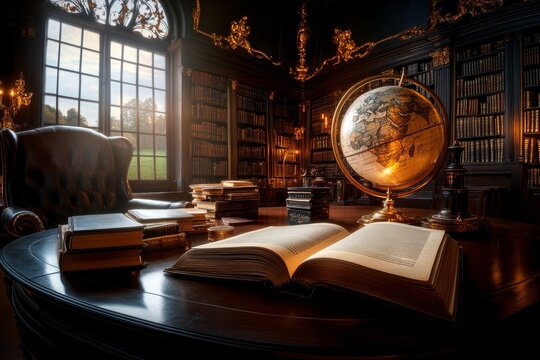 A dimly lit study with antique furniture, stacks of old books, and a globe, evoking an atmosphere of intellectual nostalgia