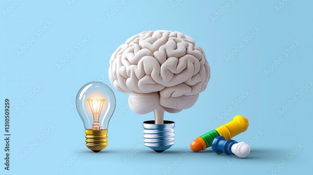Poster conceptual depicting a human brain supported by a lightbulb symbolizing the power of cognitive skill