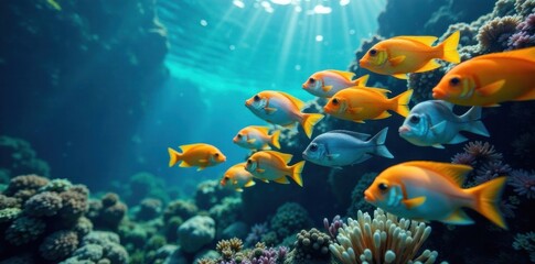 School of colorful fish swimming together underwater , underwater scene, aquatic life, swim