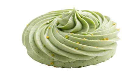 A close-up of a smooth pistachio frosting swirl with a rich, creamy texture and a slight green tint, isolated on a white background. Perfect for dessert, pastries, and cake decoration designs.