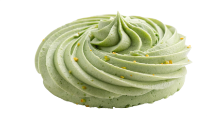 A close-up of a smooth pistachio frosting swirl with a rich, creamy texture and a slight green tint, isolated on a white background. Perfect for dessert, pastries, and cake decoration designs.