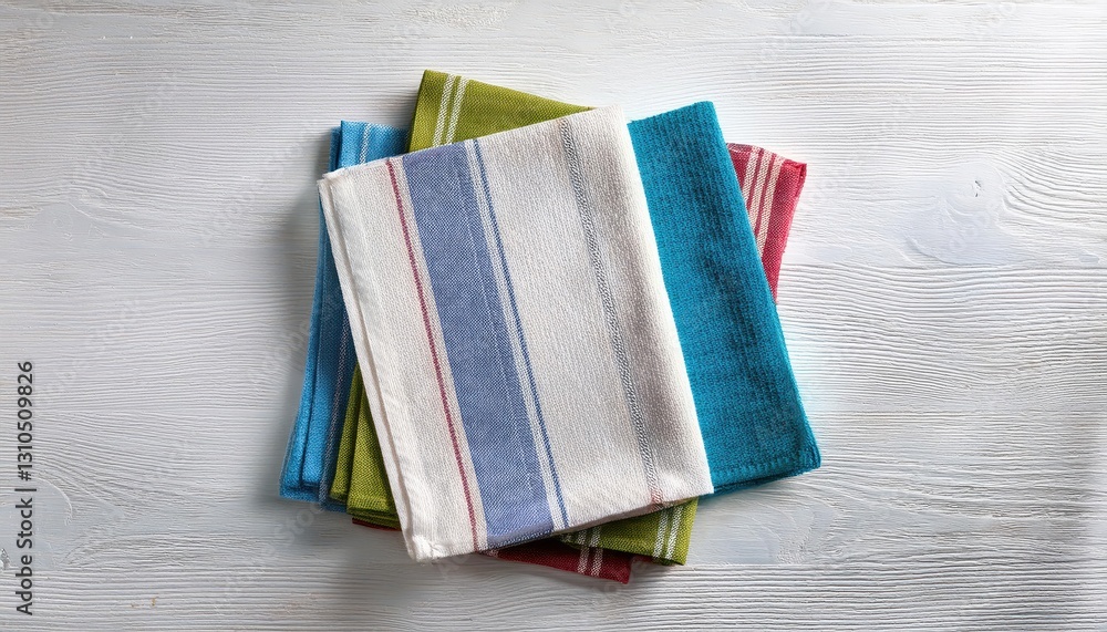 Poster a quaint scene stacked napkins and towels against a minimalistic white desk, creating a harmonious t