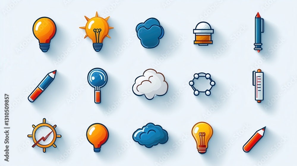 Poster set of 15 outline icons representing various concepts related to knowledge education research analys