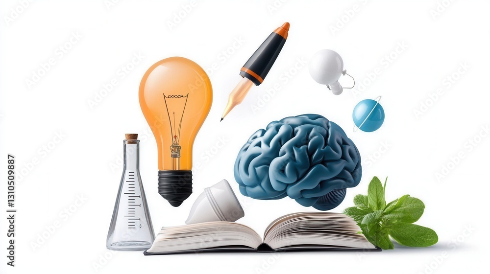 Poster set of outline icons representing various concepts related to knowledge education science and creati