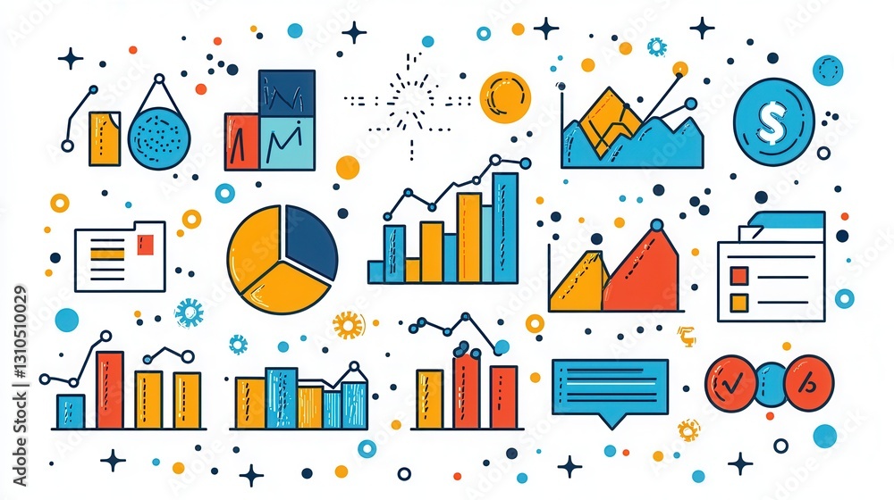 Poster set of 15 outline icons representing various statistical data analytics business performance metrics