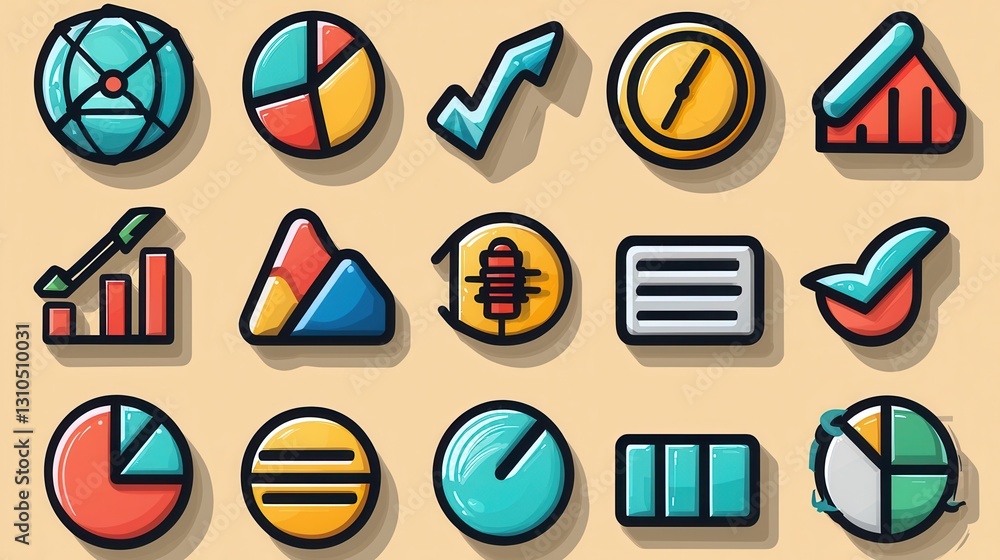 Poster set of 15 outline icons representing various data analytics business intelligence and performance me