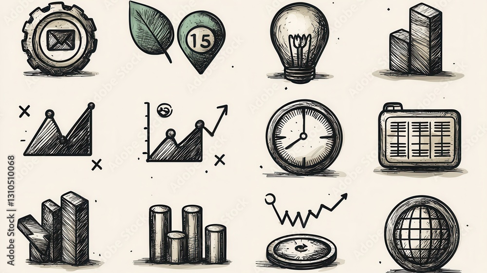 Poster set of outline icons symbolizing various statistical and data analysis concepts including charts gra