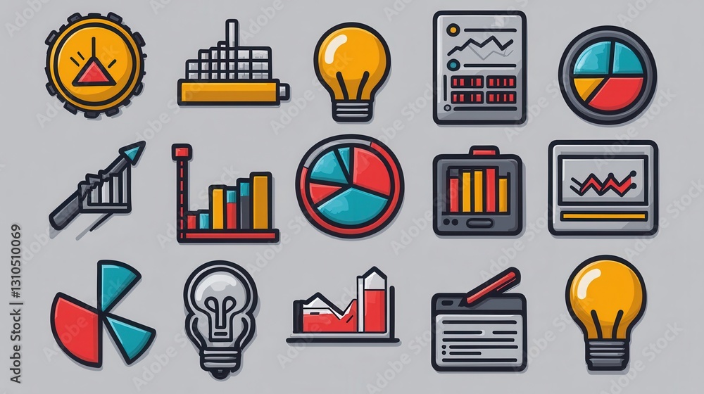 Poster comprehensive set of outline icons representing statistics data analysis and visualization concepts 