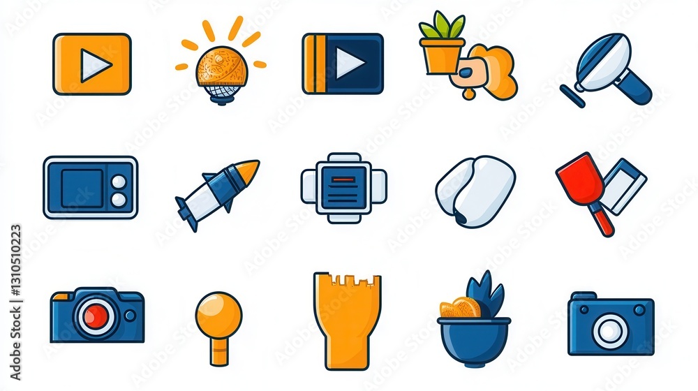 Poster set of 15 outline icons representing video player interface elements for digital media entertainment