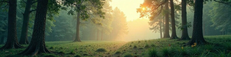 Serene forest scene with trees and mist, blue, nature, serene
