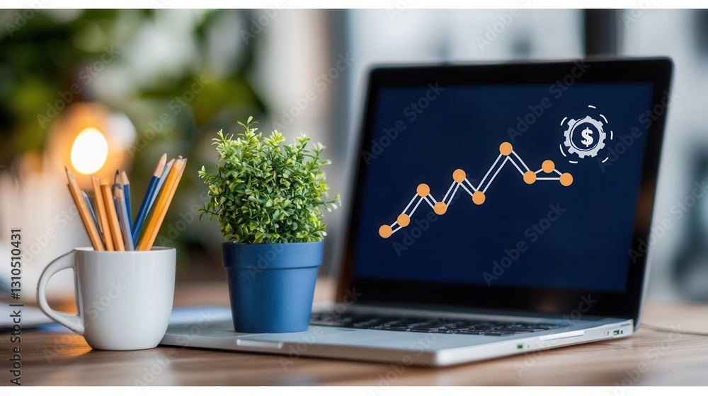 Poster laptop with growth analytics graph on display in cozy modern minimalist office workspace with potted