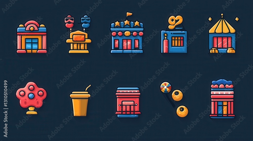 Poster a comprehensive set of 15 vibrant outline icons depicting a wide range of show and entertainment con