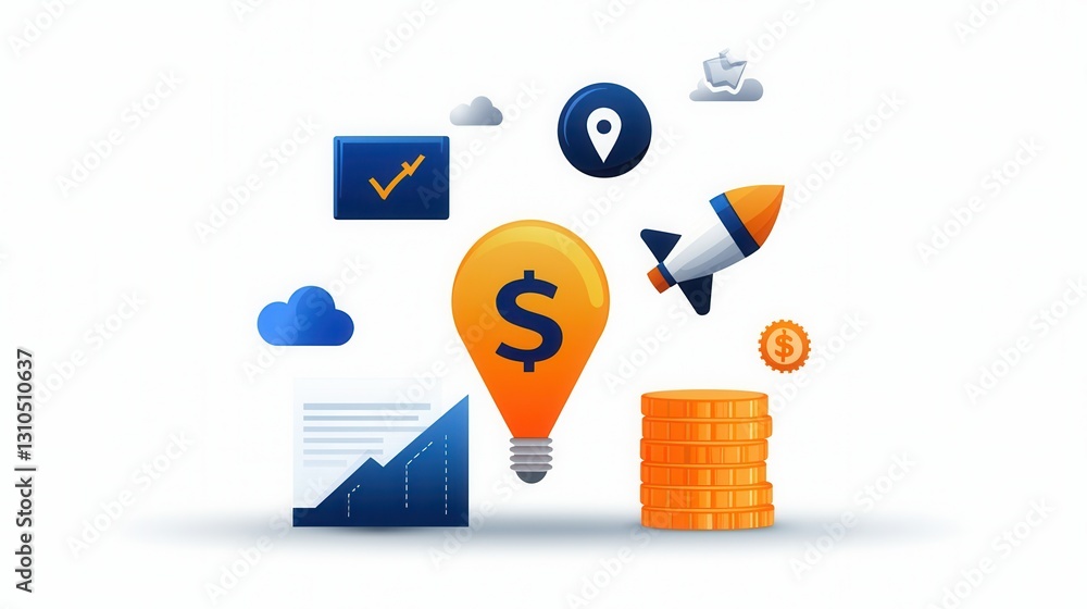 Poster productivity and growth outline icon set with financial elements such as dollar sign lightbulb graph