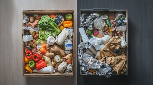 Food waste versus non-recyclable waste highlighting the contrasts in garbage