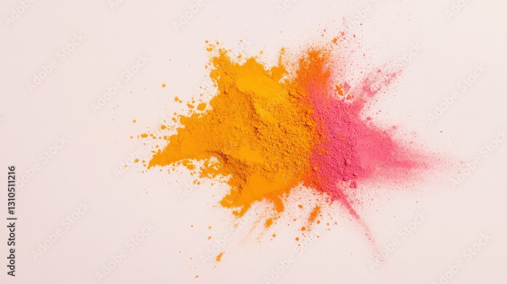 Poster vibrant colored powders creating a splash of orange and pink hues on a light background for creative