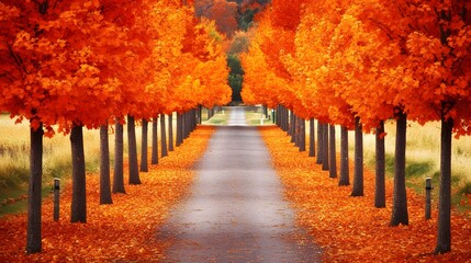 Naklejka premium Autumn Road Pathway Maple Trees Fall Foliage Landscape