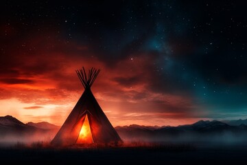 A dreamy watercolor scene of a tipi under a starry night sky, with warm light glowing from within and vibrant brushstrokes of nature around it