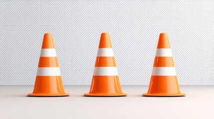 Three bright orange traffic cones with white reflective stripes standing on a gray background used as temporary warning signs and safety barriers for construction sites road work or traffic control