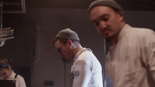 Men working together in modern restaurant kitchen