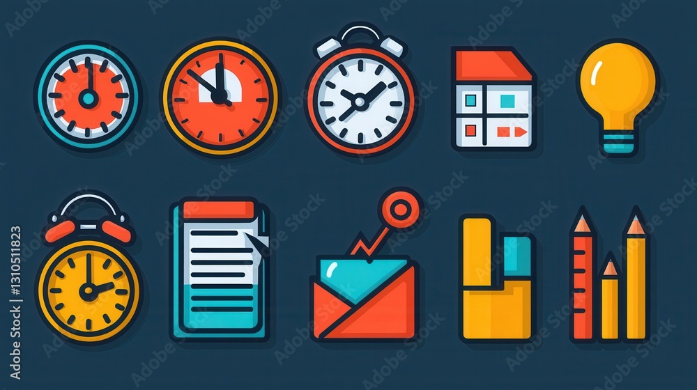 Poster time management themed set of 15 outline icons including clock alarm schedule calendar task list cha