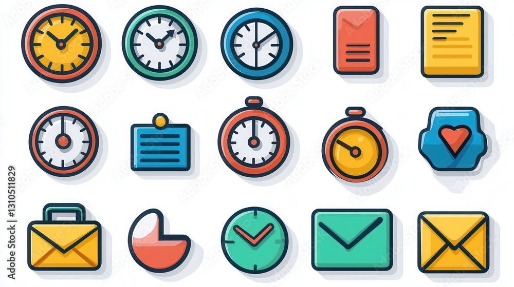 Poster a comprehensive set of 15 outline icons representing various time management and productivity tools 