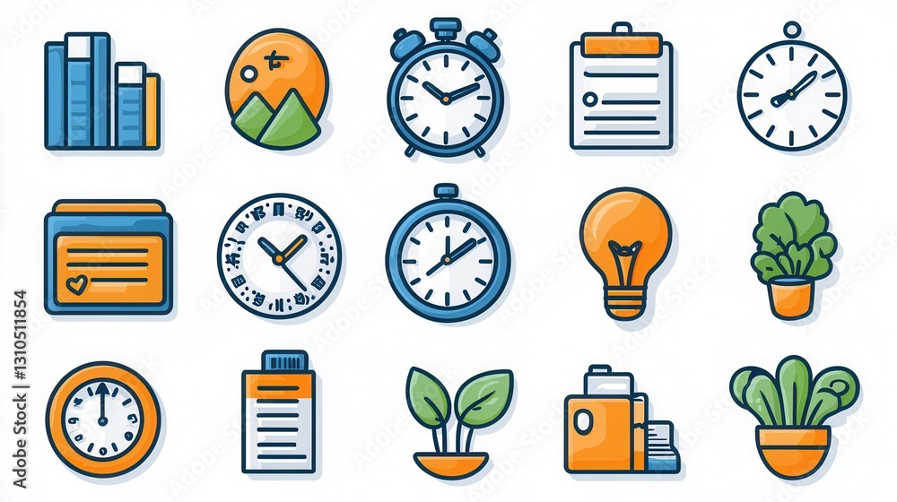 Poster time management and productivity themed set of 15 outline icons including clock calendar checklist l