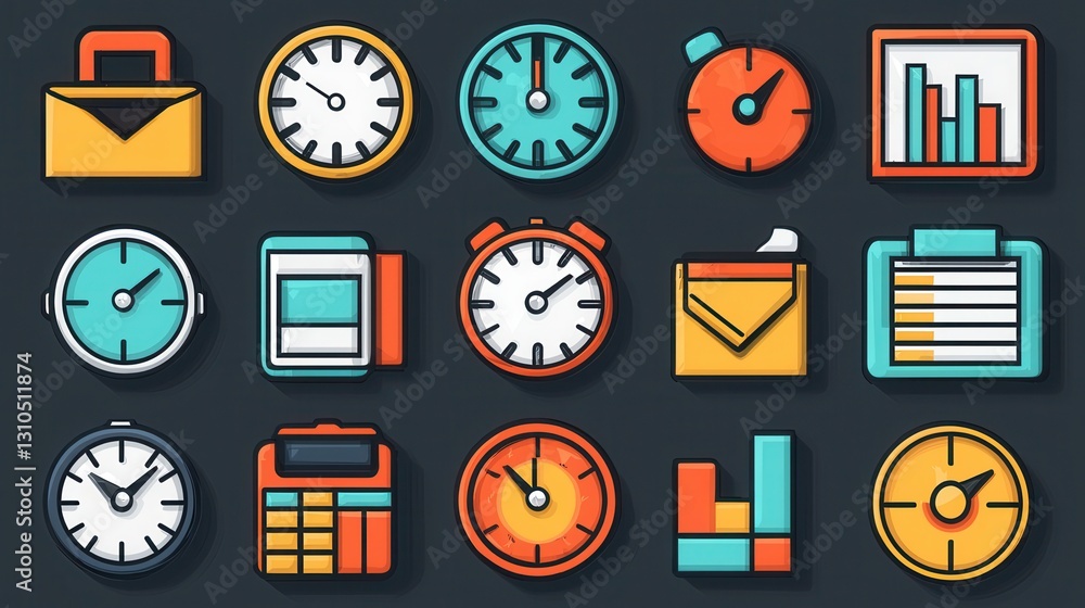 Poster a collection of 15 minimalist outline icons representing various elements of time management includi