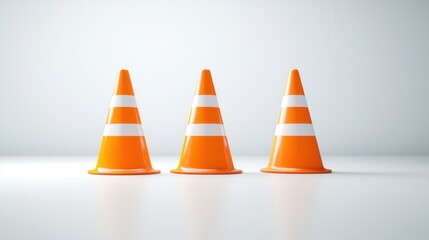 Three smooth and slightly glossy orange traffic cones arranged on a plain background commonly used for road safety construction site delineation and traffic control purposes