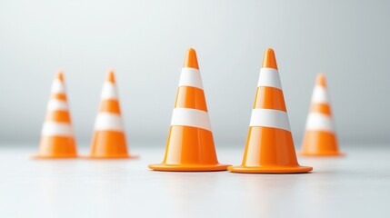 Three smooth slightly glossy bright orange traffic cones arranged for road safety construction zone guidance and transportation infrastructure  The cones are commonly used to mark hazards