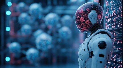 Futuristic Robot with Glowing Red Numbers in a Digital Data Center