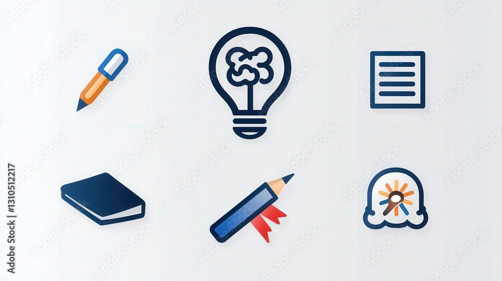 Poster set of 15 outline icons representing the concepts of wisdom intelligence education learning research