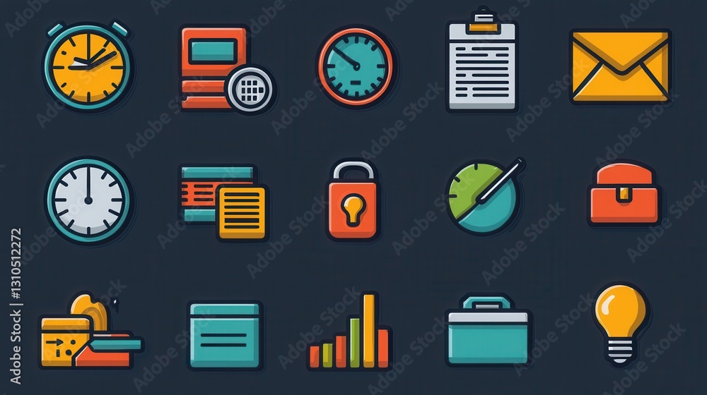 Poster workaholic themed outline icon set of 15 symbols representing various aspects of business productivi